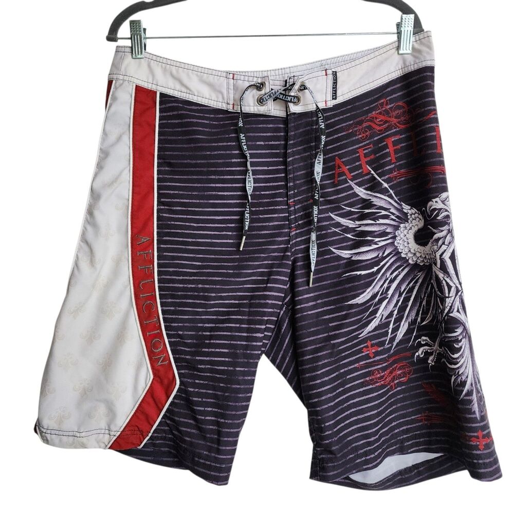 Affliction Board Shorts Men 34 Black Striped Eagle Cross Swim Trunks Graphic Y2K